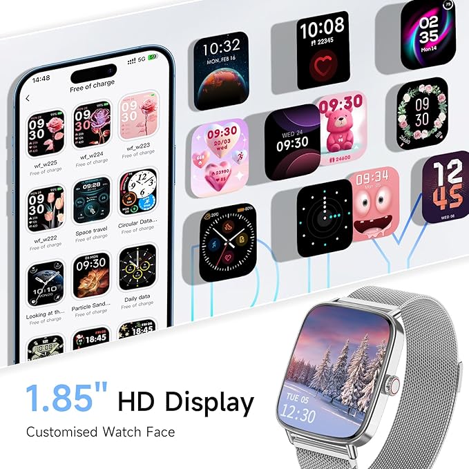 Smart Watch, 1.85" HD Smartwatch for Men Women (Answer/Make Calls), 100+ Sport Fitness Watch with Heart Rate/Sleep/SpO2 Monitor, IP68 Waterproof Reloj Inteligente Compatible iPhone/Samsung/Android