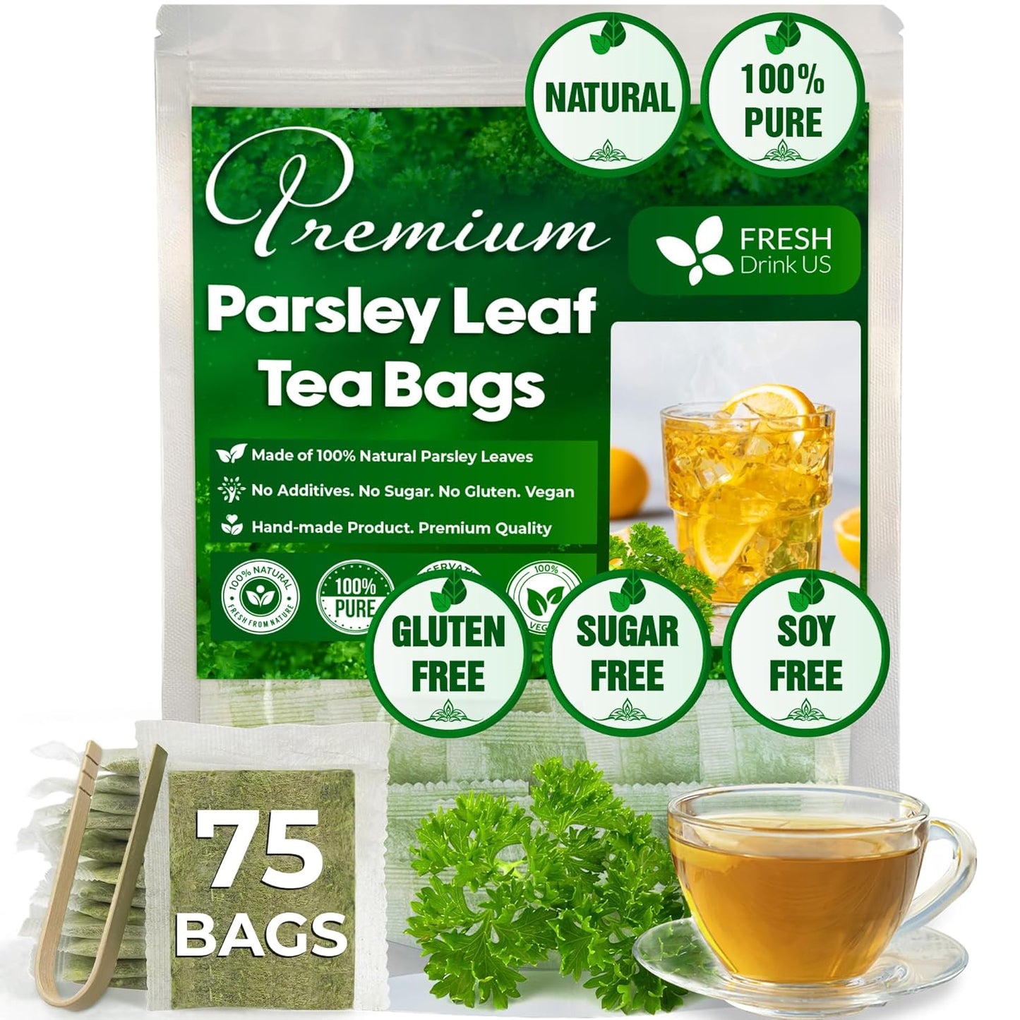 FreshDrinkUS, Premium 75 Parsley Leaf Tea Bags, 100% Natural & Pure from Parsley Leaves. Loose Leaf Parsley Herbal Tea. Made with Natural Material Tea Bags. No Sugar, No Caffeine, No Gluten, Vegan.