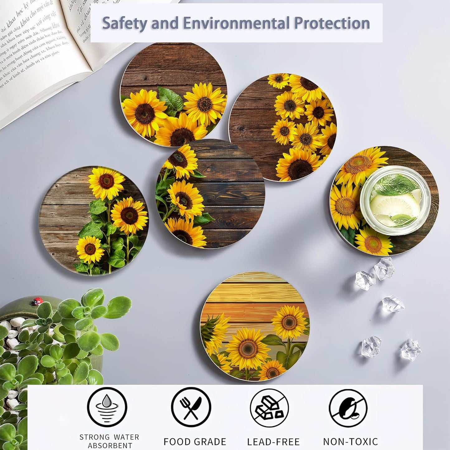 Table Coaster for Drinks Set of 6, Vintage Sunflower Wood Round Ceramic Coasters,with Cork Base and Metal Holder,Great Housewarming Birthday Gifts,Home Decor