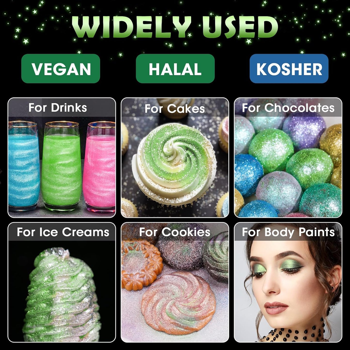 NiHome Edible Food-Grade Glitter Powder Glimmer Luster Dust Metallic Fancy Food Decorating Sprinkle Glimmery Dust for Drink Wine Beverage Cake Bakery Vegan Allergen-Free (Fruit Green, 0.35oz/10g)