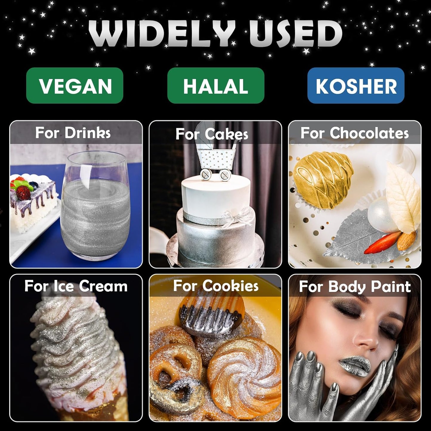 NiHome Edible Food-Grade Glitter Powder Glimmer Luster Dust Metallic Fancy Food Decorating Sprinkle Glimmery Dust for Drink Wine Beverage Cake Bakery Vegan Allergen-Free (Metallic, 0.35oz/10g)