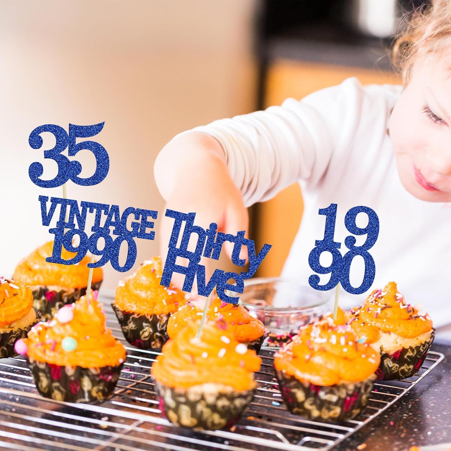 Gyufise 24Pcs Vintage 1990 Cupcake Toppers Glitter Cheers to 35 Fabulous Thirty Five Cupcake Picks 35th Birthday Wedding Anniversary Party Cake Decorations Supplies Deep Blue