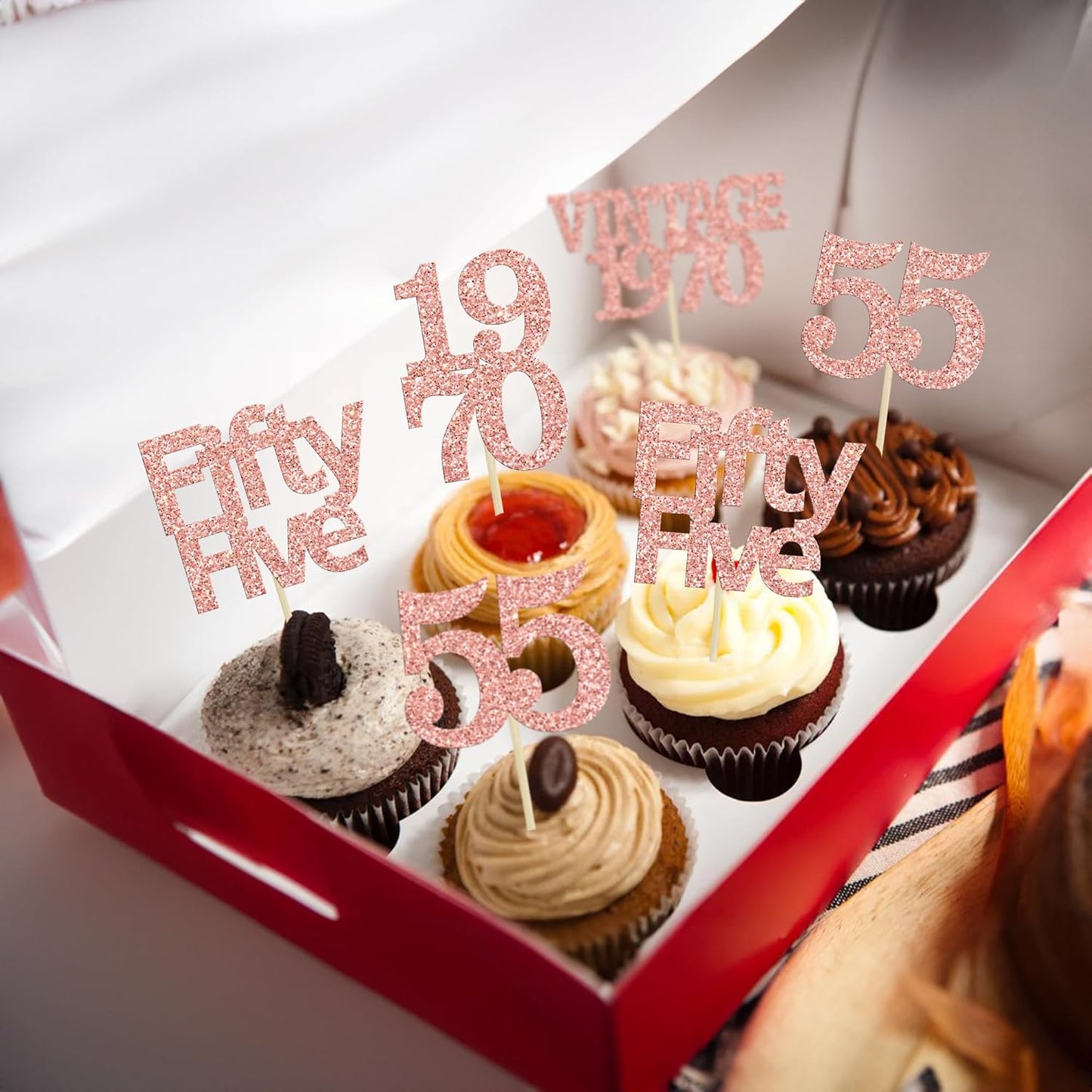 Gyufise 24Pcs 55th Birthday Cupcake Toppers Glitter Cheers to 55 Fabulous Fifty Five Vintage 1970 Cupcake Picks 55th Birthday Wedding Anniversary Party Cake Decorations Supplies Rose Gold