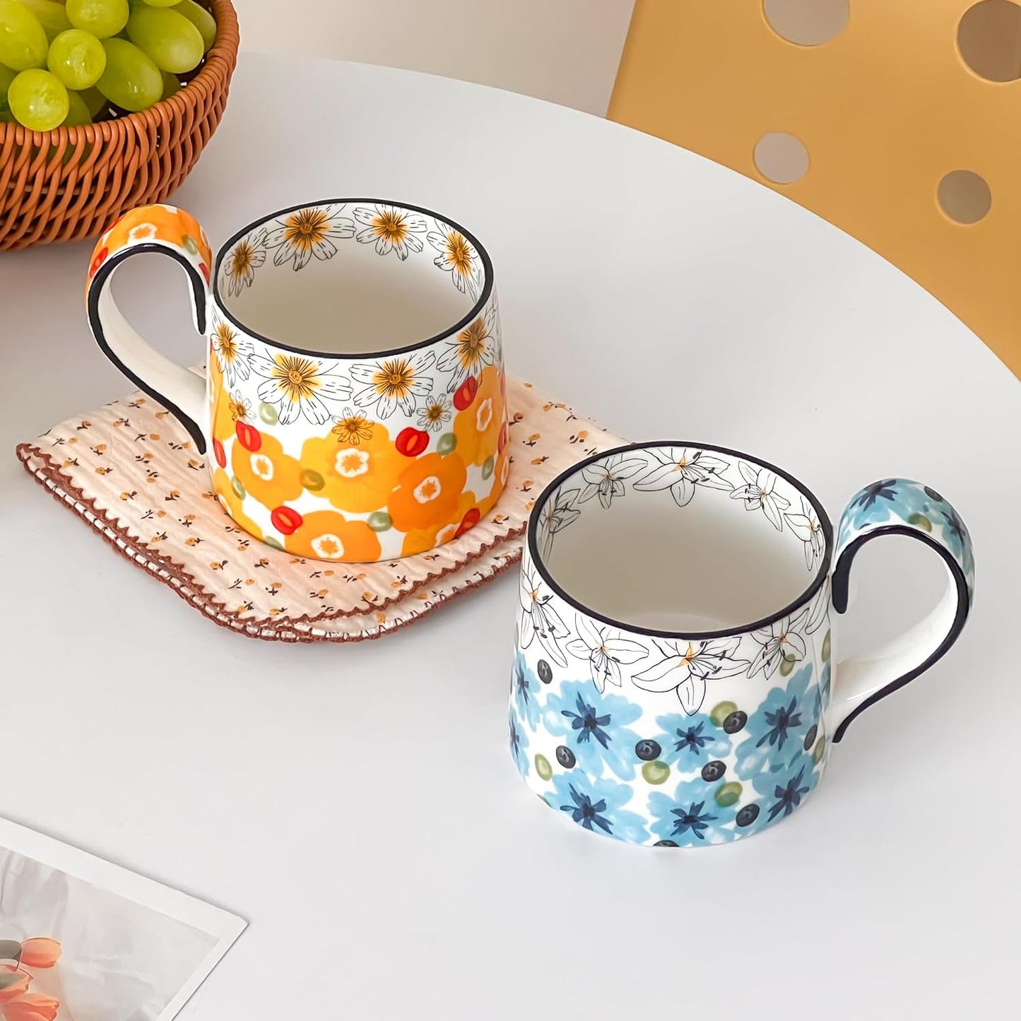 Ceramic Coffee Mug, 12oz Cute Floral Coffee Mugs with Large Handle, Blue Flower Design Stoneware Tea Cup for Office and Home