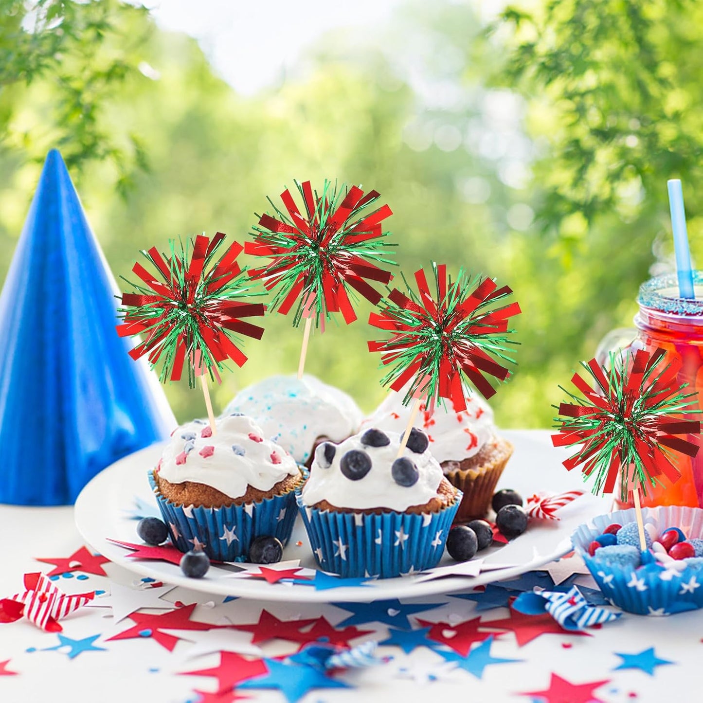 30 PCS Foil Firework Cupcake Toppers Sparkle Tinsel Cupcake Picks Happy Birthday Cake Decorations Drink Stirrers Cocktail Food Fruit Toothpicks for Baby Shower Graduation Party Supplies Red Green