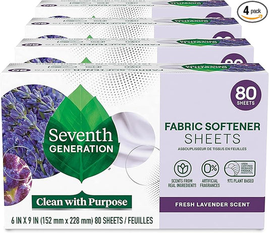 Seventh Generation Dryer Sheets Fabric Softener Fresh Lavender 100% Essential 80 Sheets 4)