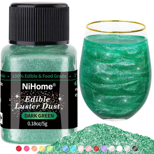 NiHome Edible Food-Grade Glimmer Powder Glitter Luster Dust Metallic Food Decorating Sprinkle Glimmery Dust for Drink Wine Beverage Cake Candy Dessert Bakery Restaurant Vegan (0.18oz/5g, Dark Green)