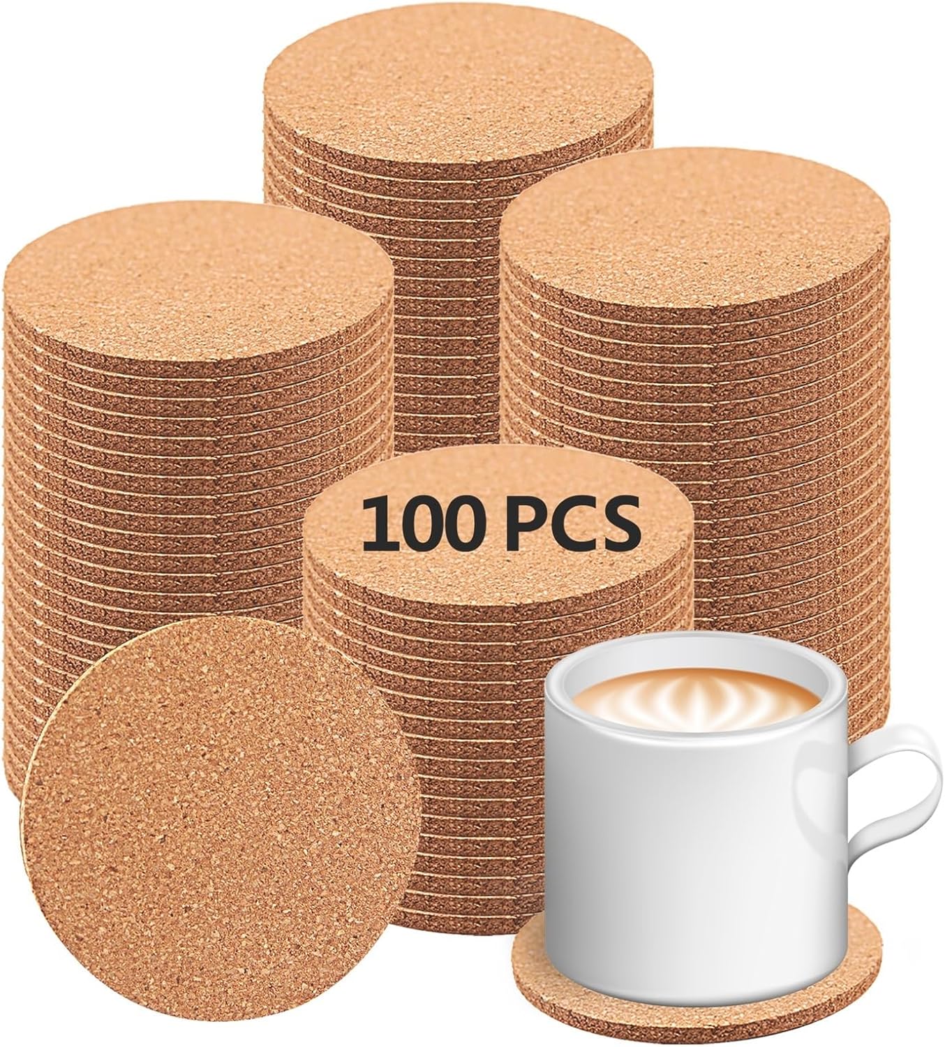 100 pcs Cork Coasters for Drinks, Bulk Blank Coasters DIY Crafts, Non-Slip, Heat-Resistant, Absorbent and Reusable Coffee Coaster for Home Tabletop Decoration