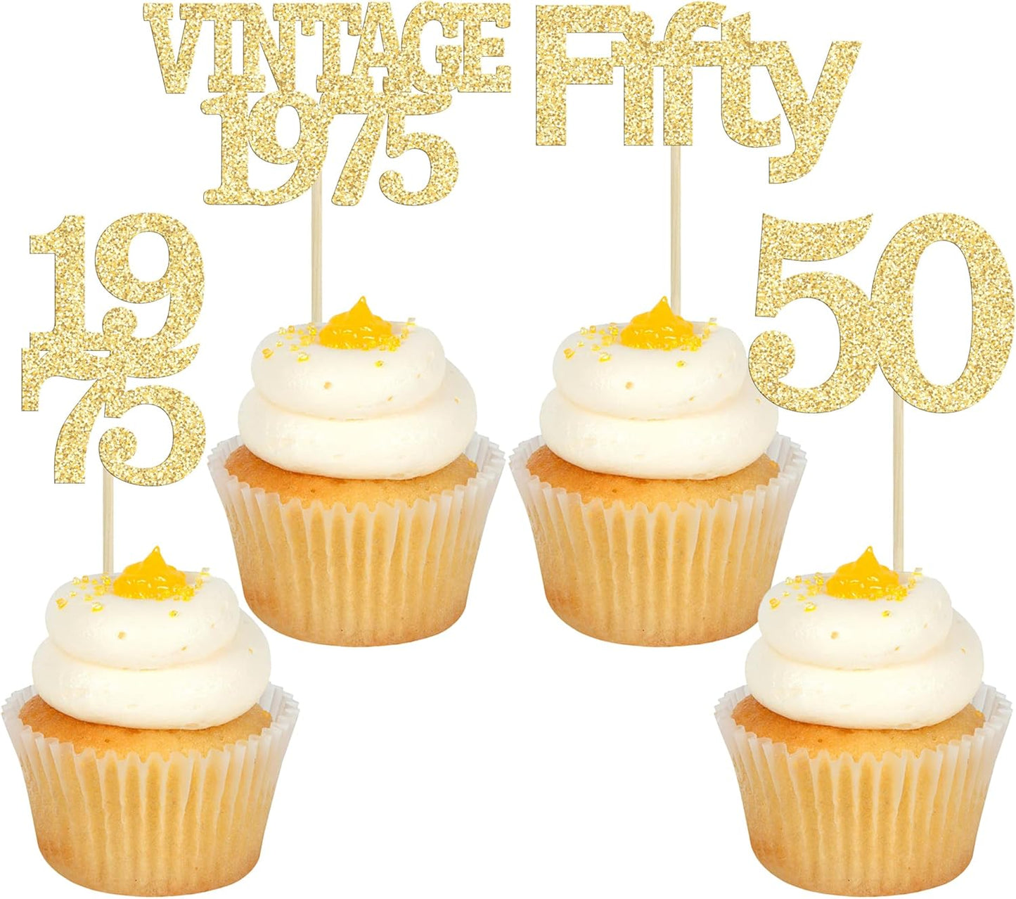Gyufise 24Pcs 50th Birthday Cupcake Toppers Cheers to 50 Fabulous Fifty Vintage 1975 Cupcake Picks 50th Birthday Wedding Anniversary Party Cake Decorations Supplies Gold
