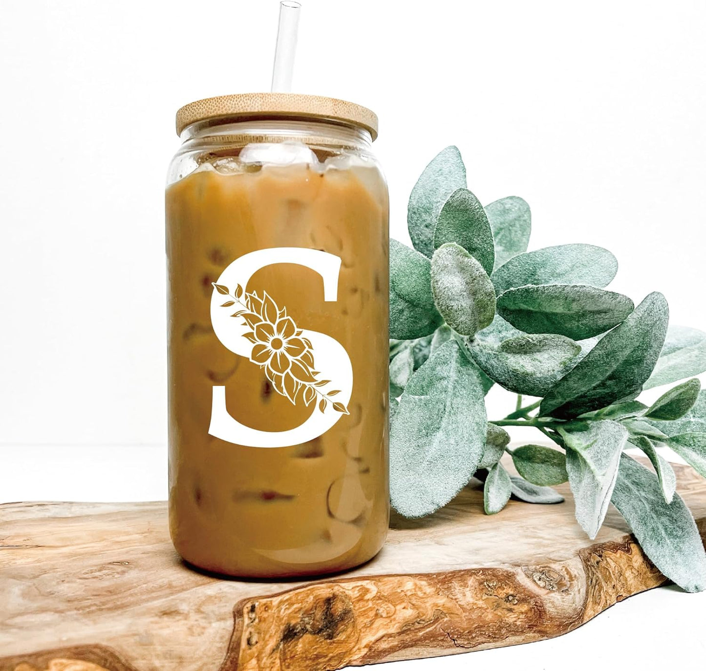 Personalized Gifts for Women, Monogrammed Glass Cups with Lids and Straws, Custom Tumbler, Cute Customized Mug, Aesthetic Stuff, Initial Iced Coffee Cup, Drinking Glasses, Birthday Teacher Gifts, A