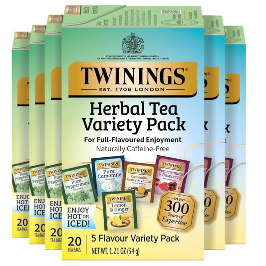 Twinings Herbal Tea Variety Pack, 20 Count (Pack of 6), Formerly Assorted Herbal, Includes 5 Flavours, Naturally Caffeine-Free, Enjoy Hot or Iced, 120 Teabags
