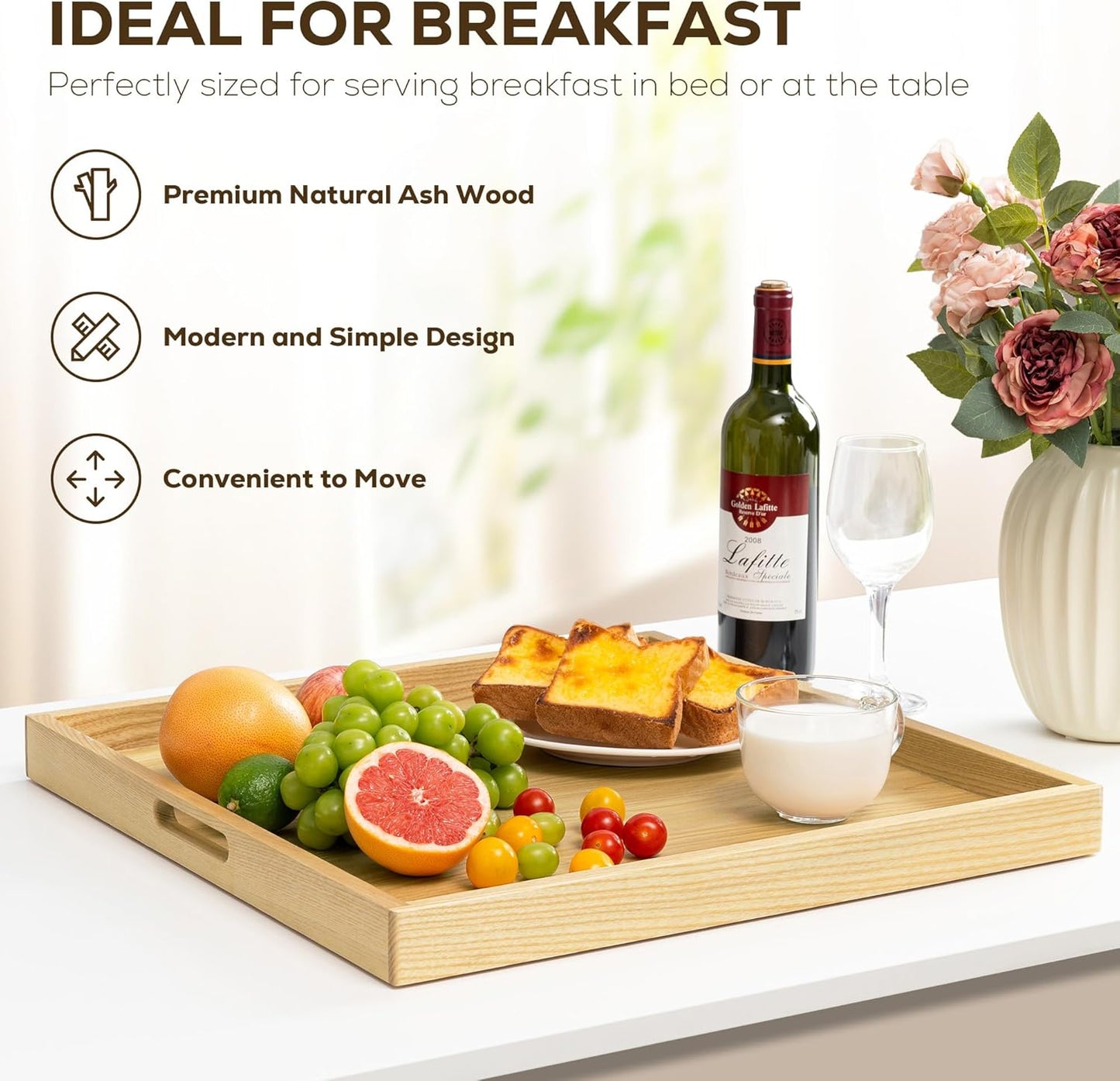 Axeman 24 Inch Large Square Wooden Ottoman Tray for Living Room|Extra Large Serving Tray with Handles for Coffee Table, Breakfast|Decorative Wood Tray for Ottoman Couch Sofa Kitchen|Natural