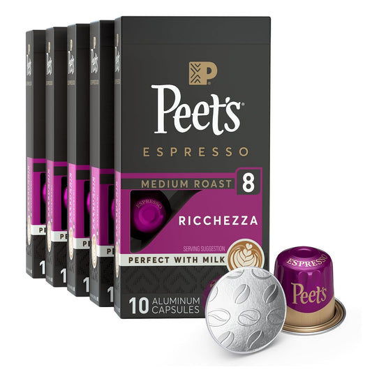 Peet's Coffee, Medium Roast Espresso Capsules, Compatible with Nespresso Original Machine - Ricchezza Intensity 8, 50 Count (5 Boxes of 10 Espresso Capsules)