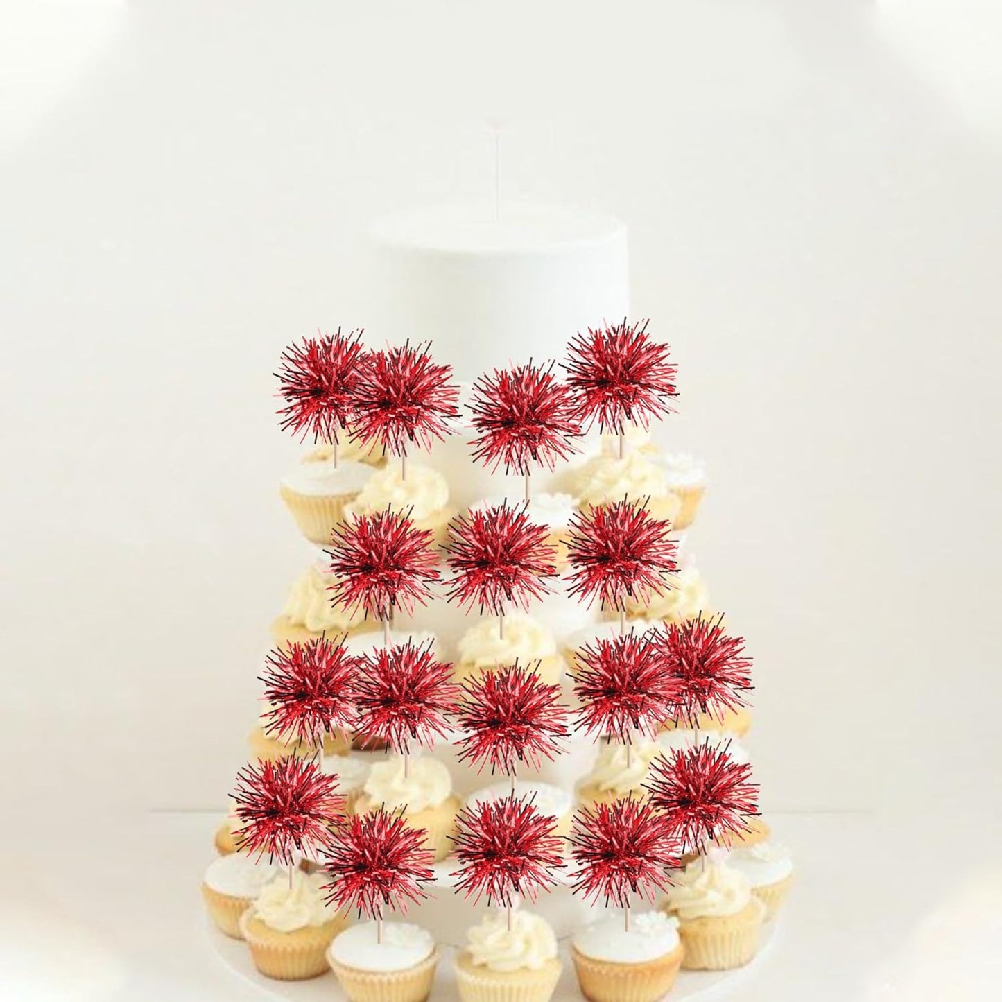 40 PCS Foil Firework Cupcake Toppers Sparkle Tinsel Cupcakae Picks Sparkler Fireworks Party Decorations Cocktail Fruit Toothpick for Birthday Wedding Graduation Party Decorations Supplies Red