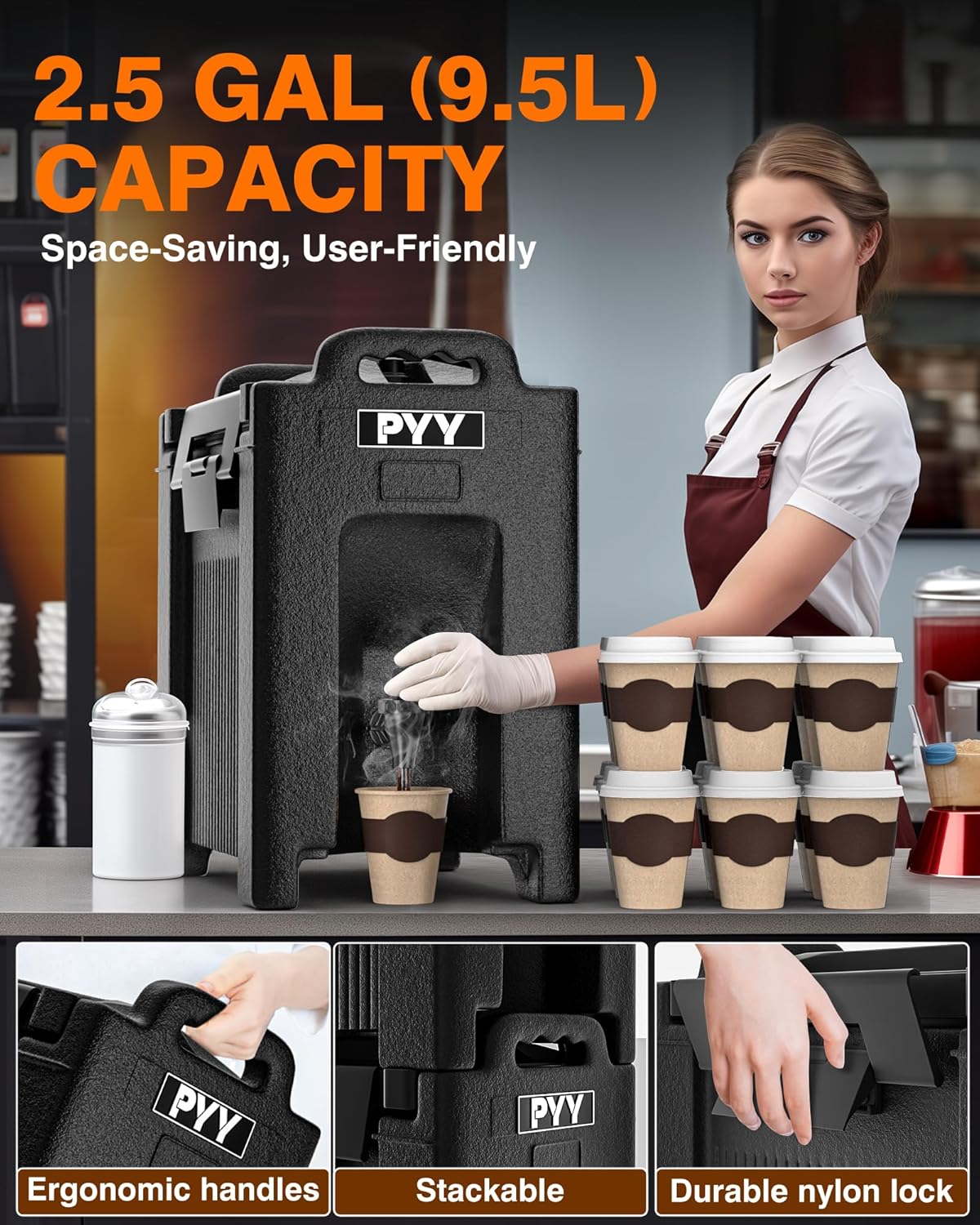 Insulated Beverage Dispenser 2.5 Gallon, Hot and Cold Drink Water Pitcher Coffee Carafe with Spigot Handle and Stand, Commercial Thermal Urn for Chocolate Cocoa Iced Juice Tea Milk Punch Outdoor Party