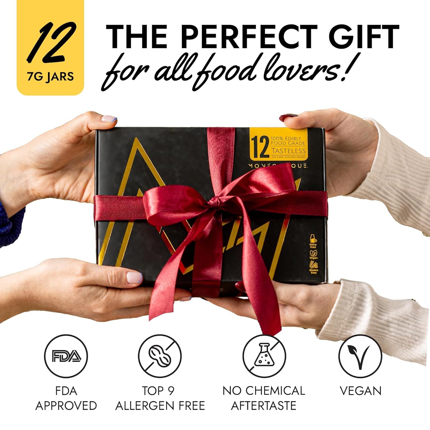 MONÉGASQUE Luster Dust Edible Glitter for Drinks 12 Pcs Set – Best Gift Idea for Bakers – Bakers Gift Set for Cake Decorations – Edible Glitter for Cakes & Cocktails – Cake Decorating Supplies