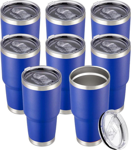 30 oz Tumbler with Lid Stainless Steel Tumblers Bulk Vacuum Insulated Cup Reusable Powder Coated Travel Mug Double Wall Leak Proof Cups Keep Cold Drinks for 12 Hours Blue, Set of 8