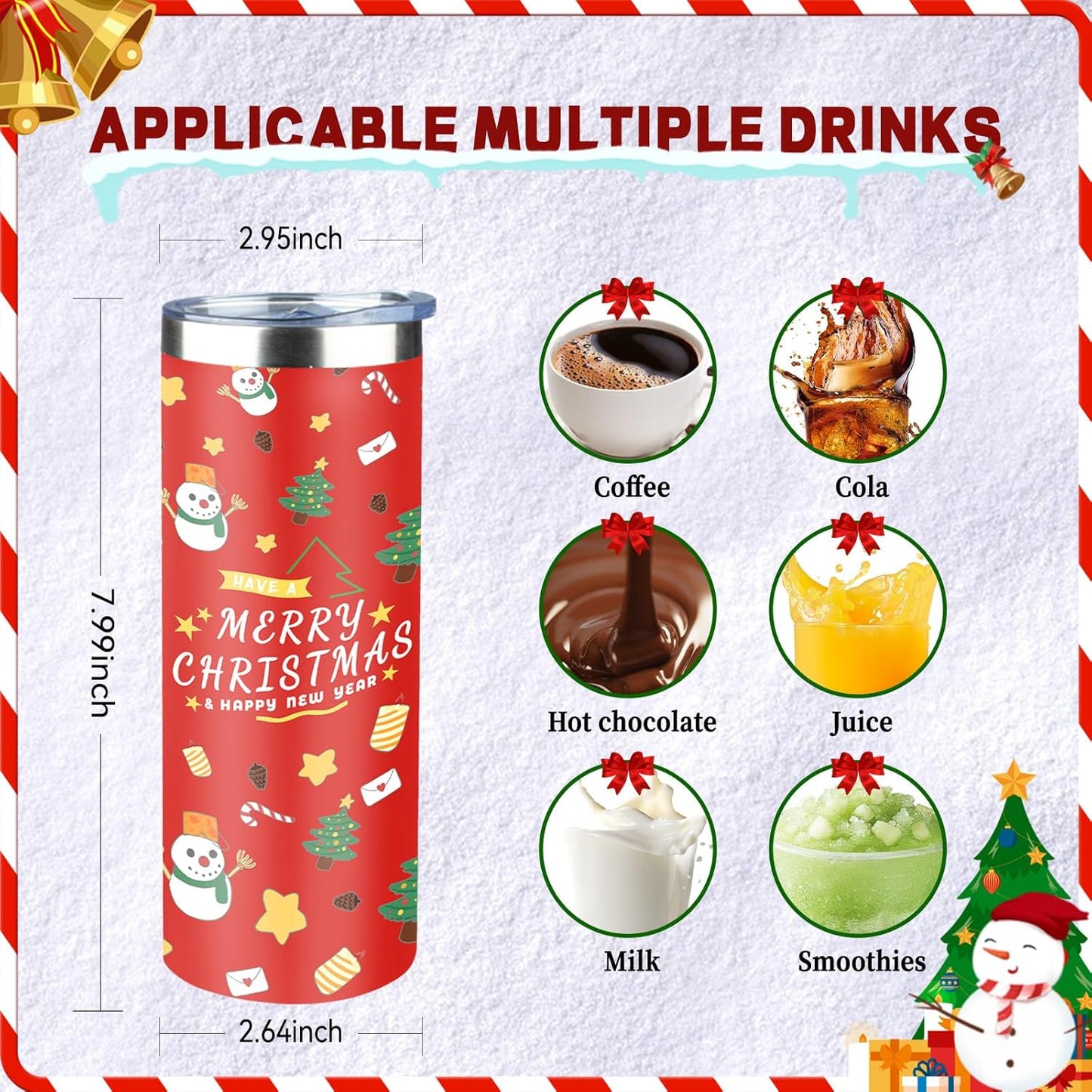20oz Christmas Skinny Tumbler with Lid and Straw,Stainless Steel Vacuum Insulated Tumbler Cup Double Wall Travel Coffee Mug Christmas Gifts for Women Men(Xmas Elements,2)