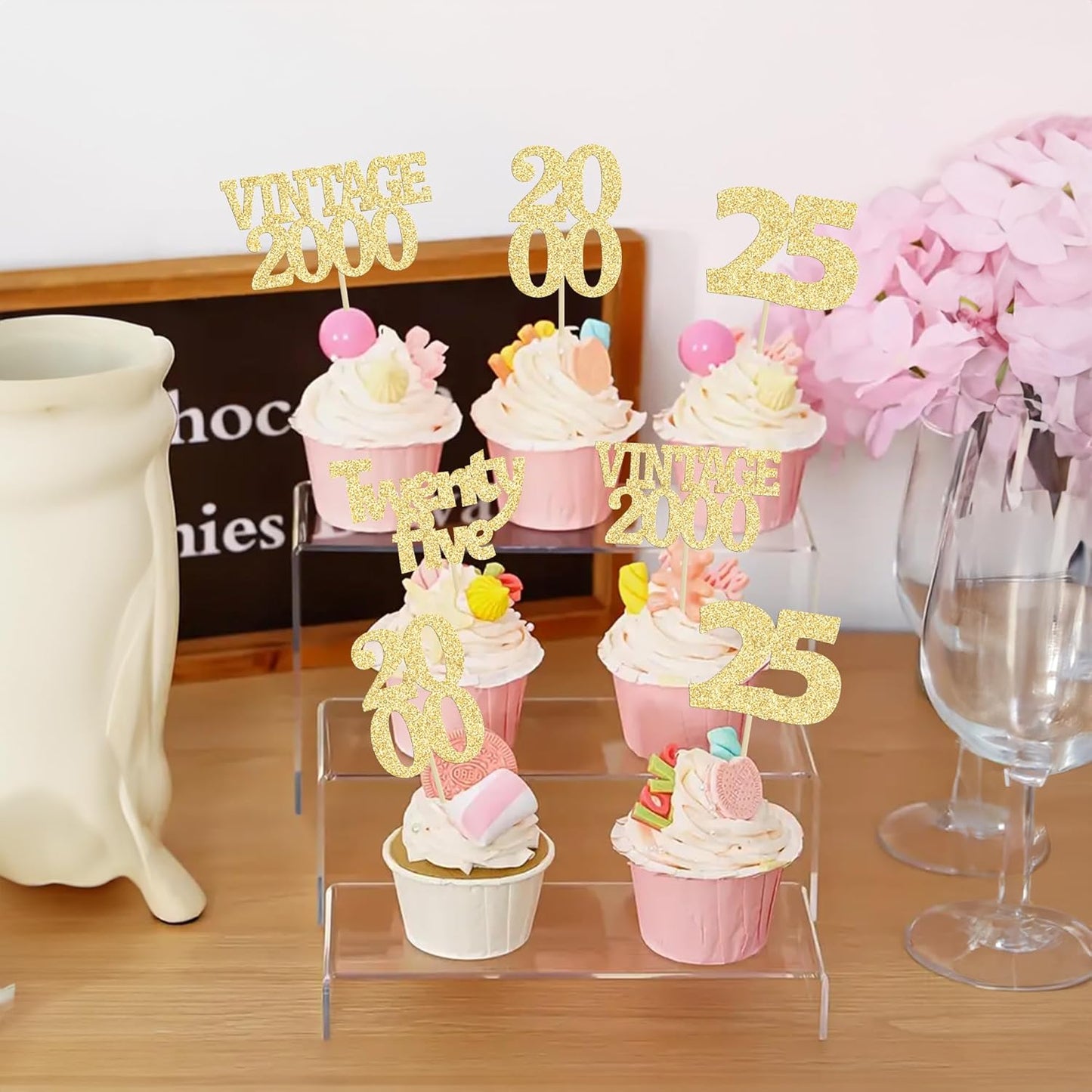 Gyufise 24Pcs Cheers to 25 Cupcake Toppers Glitter Twenty-five Vintage 2000 25th Birthday Cupcake Picks Hello 25 Years Birthday Cake Decorations for Happy 25th Anniversary Party Supplies Gold