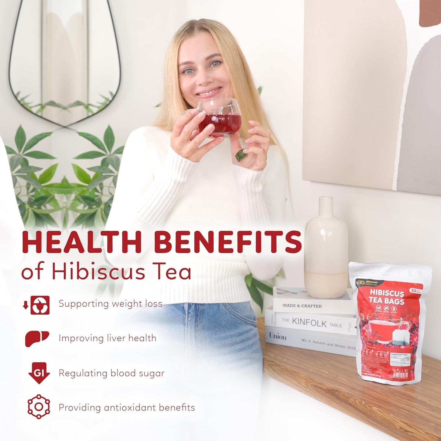 Indochine Blends Hibiscus Tea Bags | 100% Pure Hibiscus Flower | Sugar-Free, Caffeine-Free Herbal Tea | Double Chamber, Individually Wrapped Tea Bags| Rich in Natural Goodness and Flavor | 3.5 oz | 50 Tea Bags