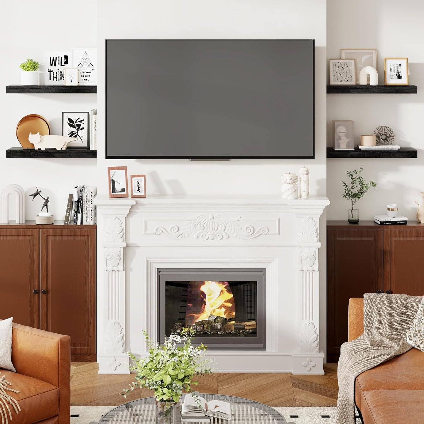 Heimlove 24 Inch Floating Shelves for Wall Black Shelves Set of 2,Wall Mounted Rustic Wood 8 Inch Deep Floating Shelf with Invisible Brackets for Bedroom Kitchen Living Room