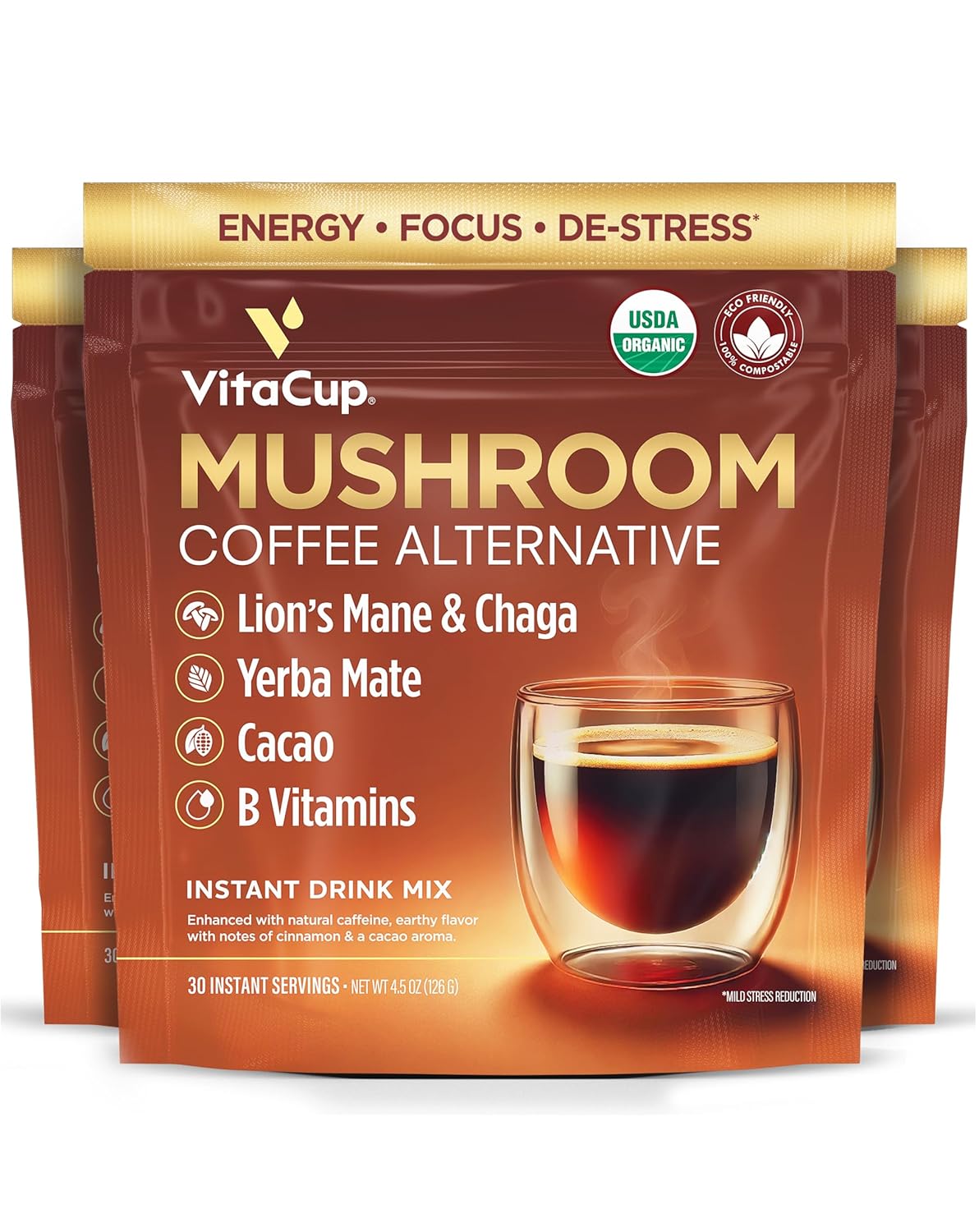 VitaCup Mushroom Coffee Alternative Instant Drink Mix | Mushroom Coffee Substitute for Natural Energy & Focus | Lion’s Mane, Yerba Mate, & Chaga | Cacao, Cinnamon, & B Vitamins | 3 Bags, 90 Servings