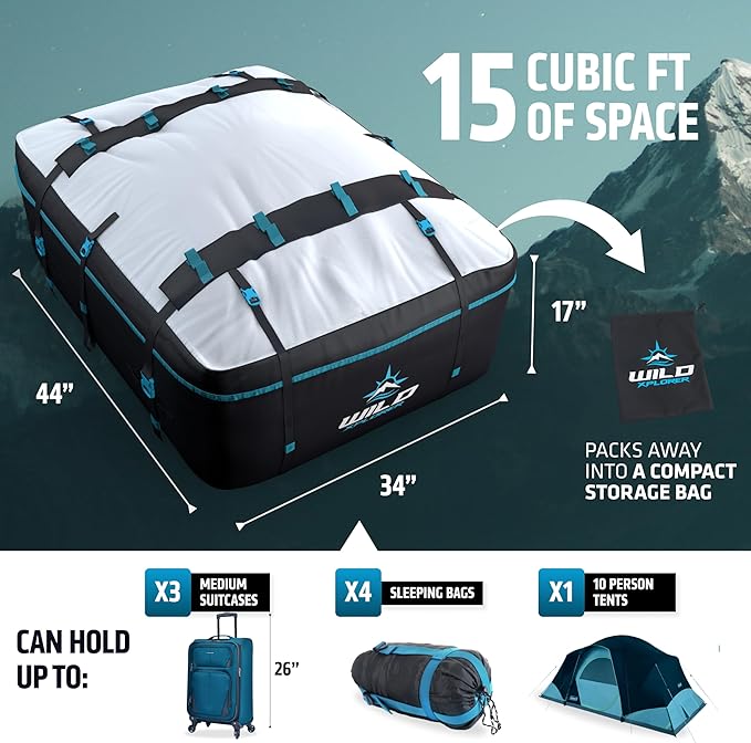 Rooftop Cargo Carrier 15cuft – Waterproof Car Roof Cargo Carrier, Car Top Carrier for Luggage, No Roof Rack Needed, Includes Storage Bag, Non-Slip Mat, 6 Door Hooks, Fits Cars & SUV – XL & XXL Options