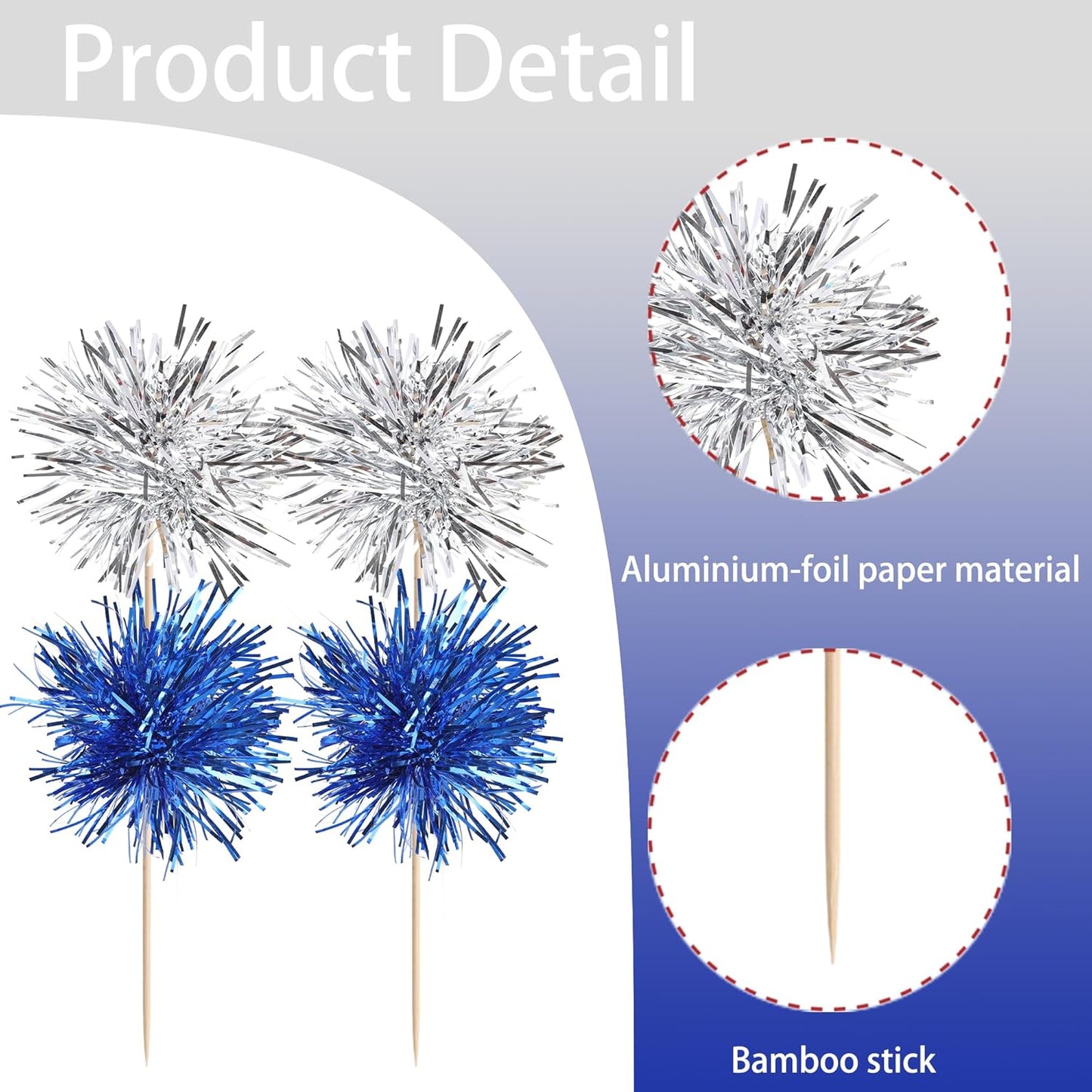 40 PCS Foil Firework Cupcake Toppers Sparkle Tinsel Cupcake Picks Fireworks Birthday Party Decorations Cocktail Fruit Toothpick for Birthday Wedding Graduation Party Decorations Supplies Silver Blue