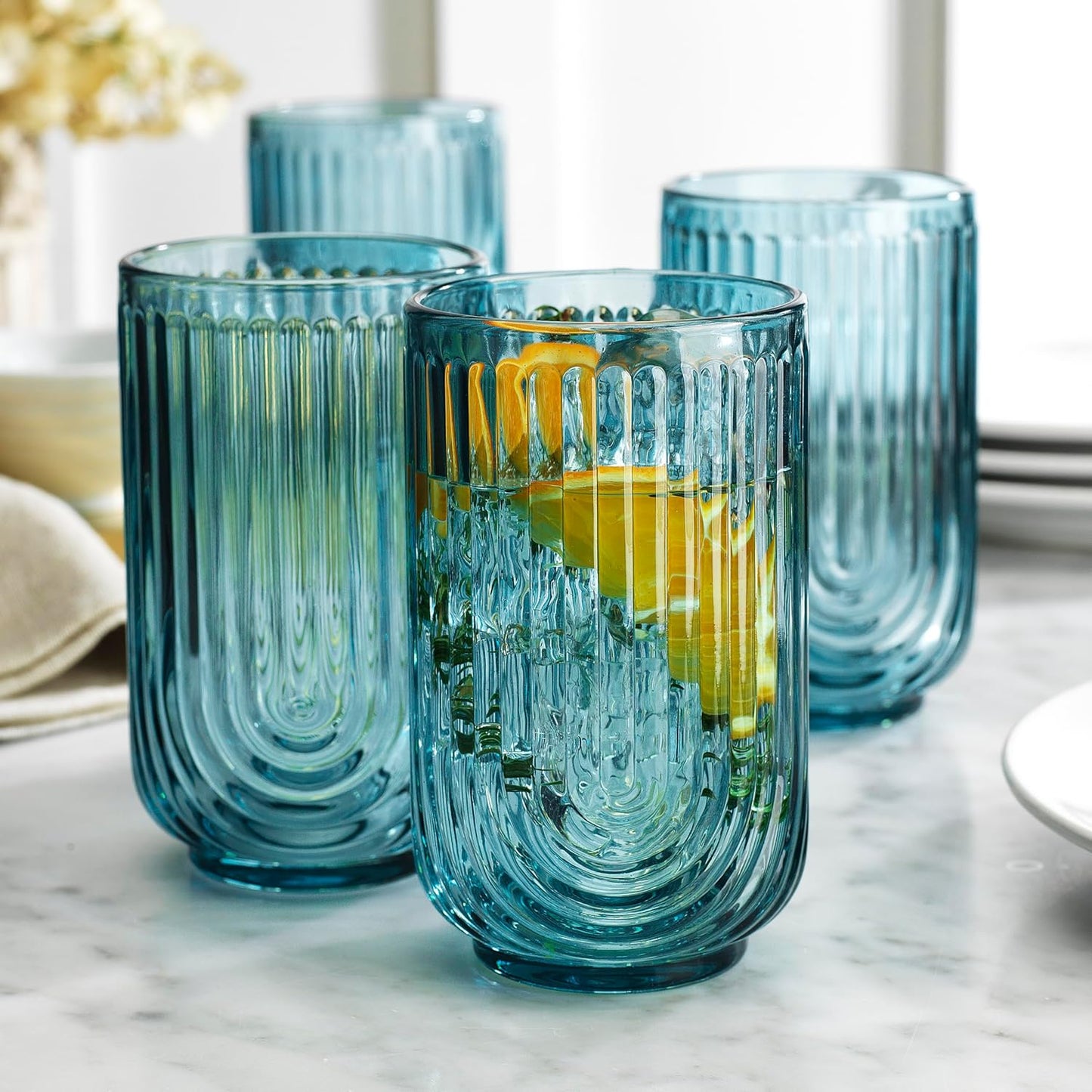 Glaver's Vintage Glassware Art Deco Highball Glasses Set of 4 Blush Ribbed Drinking Glasses 17 Oz U-Shape Arch Design Colored Cocktail Kitchen Tumblers Everyday Dinner Decorative Party, Blue