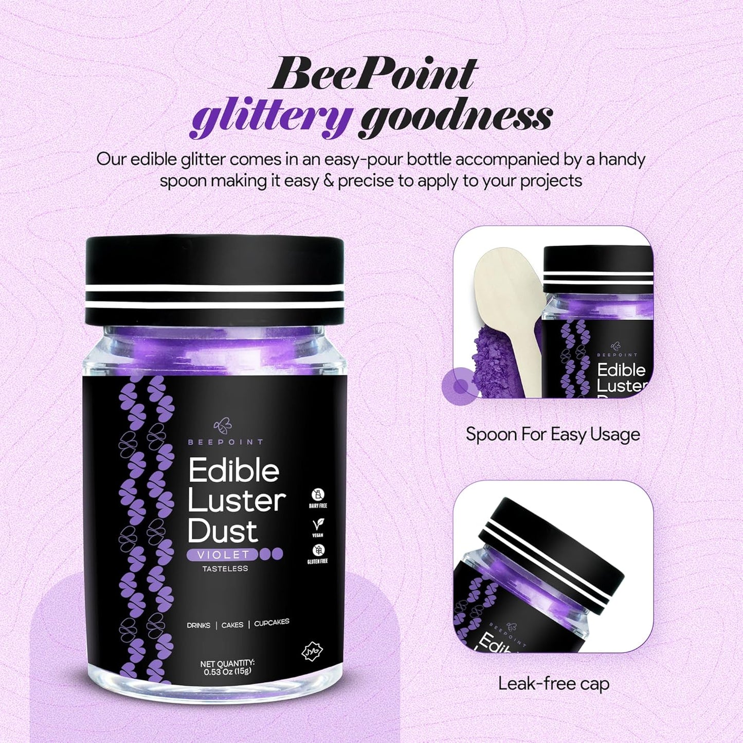 BeePoint Violet Edible Luster Dust 15g - Food Grade, Vibrant Color Shimmer Powdered Dust for Drinks, Cocktails, Cake Decorating, Baking, Chocolates, Candy, Sweets, & Cookies - Vegan & Gluten Free