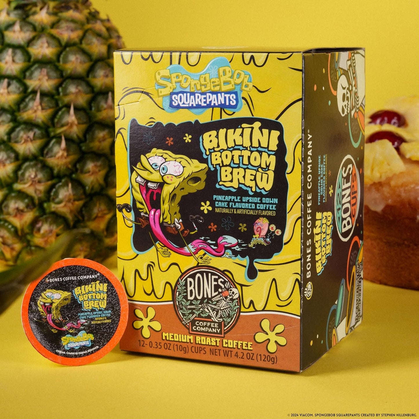 Bones Coffee Company Spongebob Bikini Bottom Brew, Pineapple Upside Down Cake Flavored Coffee Pods, Low Acid Medium Roast Single-Serve Bones Cups, For 1.0 & 2.0 Capsule Brewers Coffee Maker, 12 Count