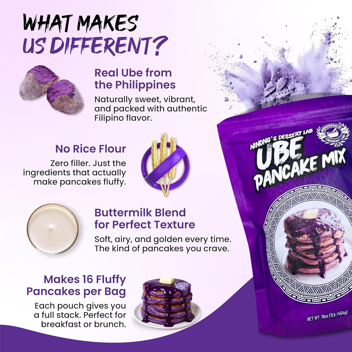 Ninong's Dessert Lab Ube Pancake Mix, Ube Flavored Buttermilk Pancake Mix with Real Ube, Makes Ube Cakes, Waffles, Crepes and more, Just Add Water (1 Pound)
