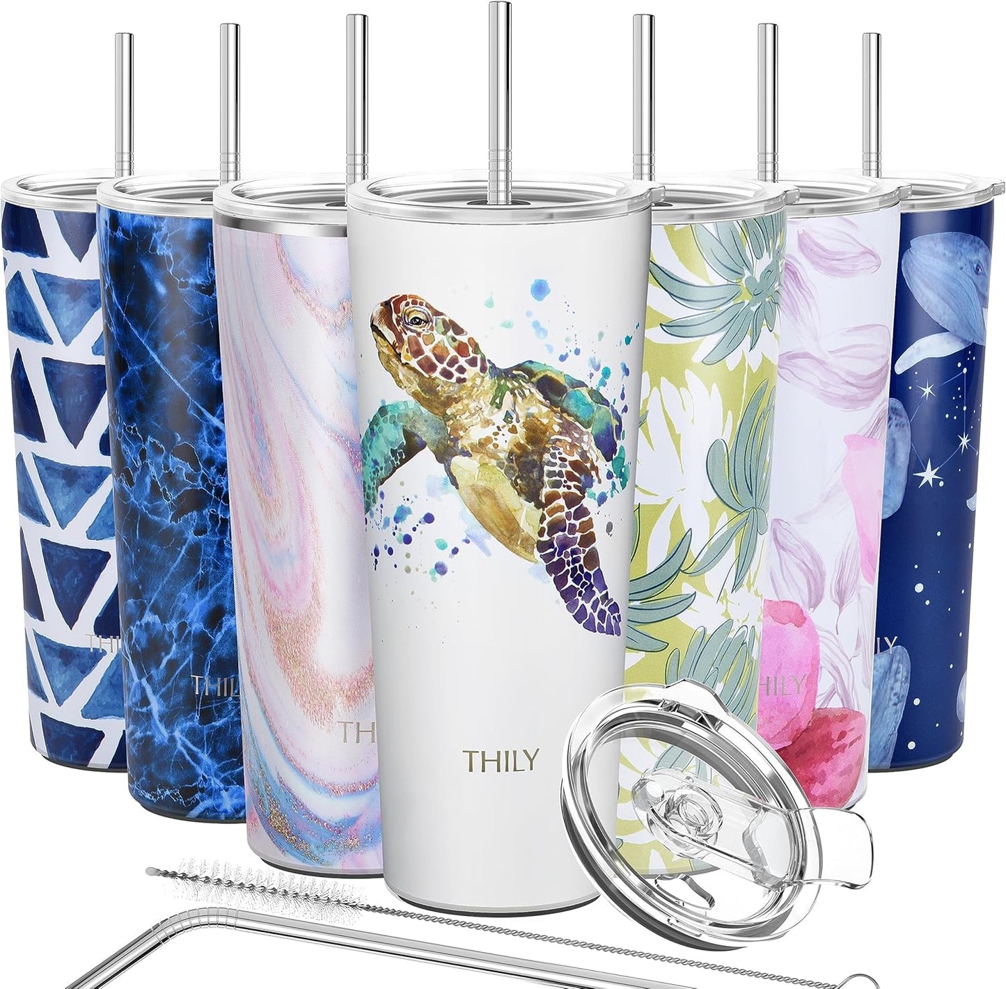 THILY Stainless Steel Vacuum Insulated Tumbler Travel Mug 26 oz Coffee Cup with 2 Lids and Straws, Splash Proof, Keep Ice Drinks Cold, Sea Turtle