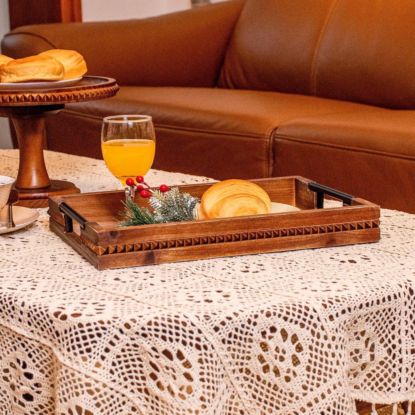 Rustic Wood Serving Tray with Handle Brown Rectangular Decorative Trays Farmhouse Charcuterie Boards Platter for Food, Fruit, and Coffee Great for Bed, Living, Coffee Table, Kitchen and Party