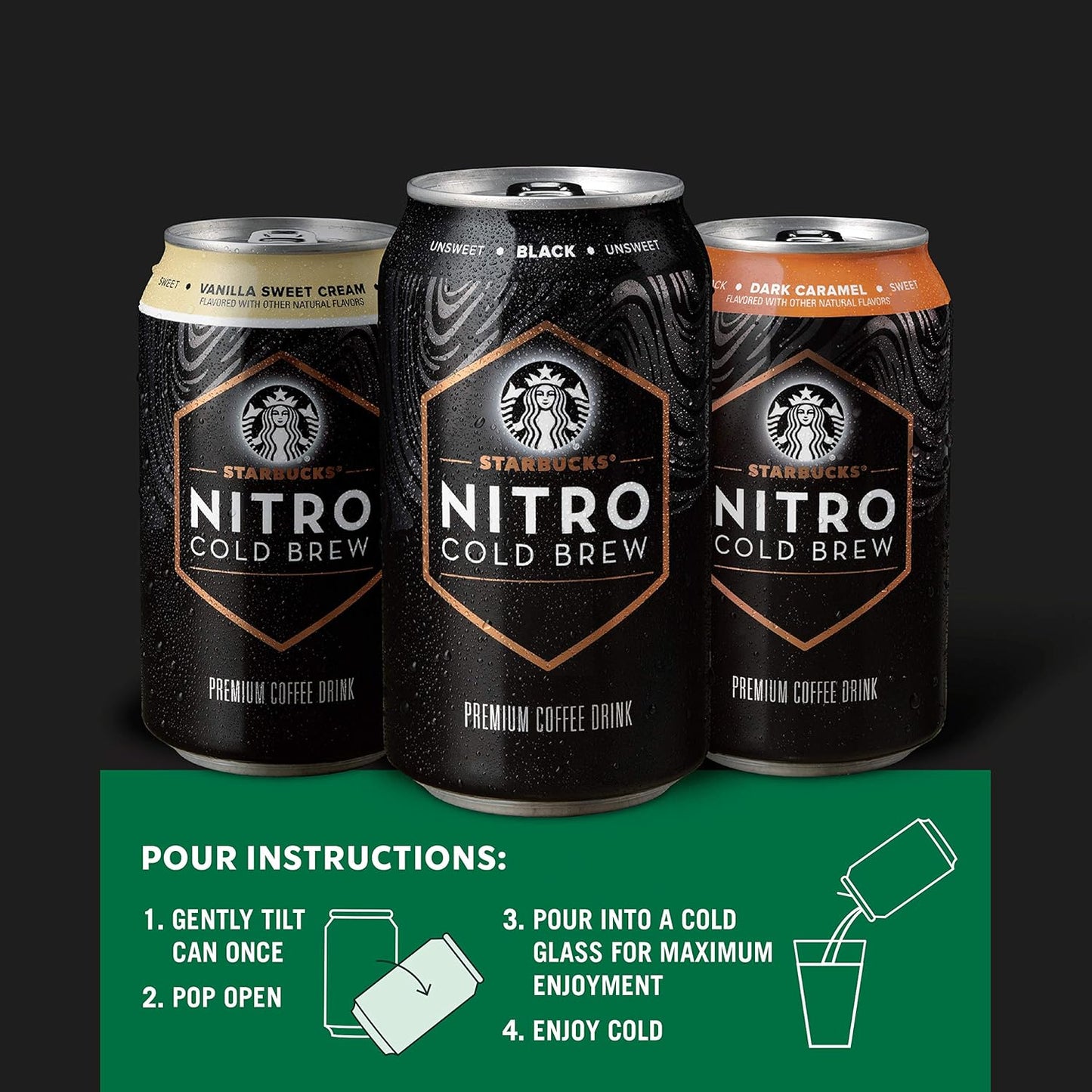 Starbucks Nitro Cold Brew Coffee, Black Unsweetened, 9.6 fl oz Cans (8 Pack), Iced Coffee, Cold Brew Coffee, Coffee Drink
