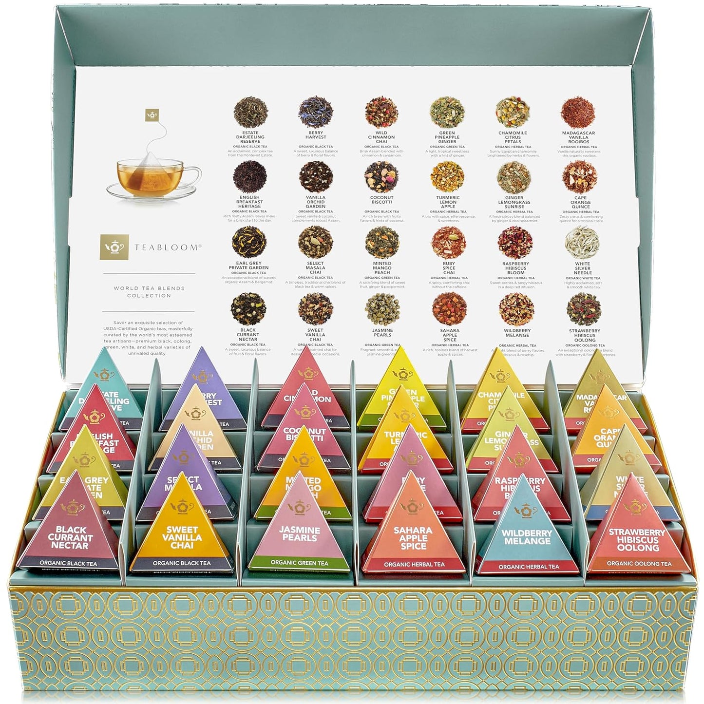 Teabloom - World's Finest Pyramid Tea Collection, 24 Varieties of USDA Certified Organic Teas - Black, Green, White, Oolong & Herbal Tea Blends