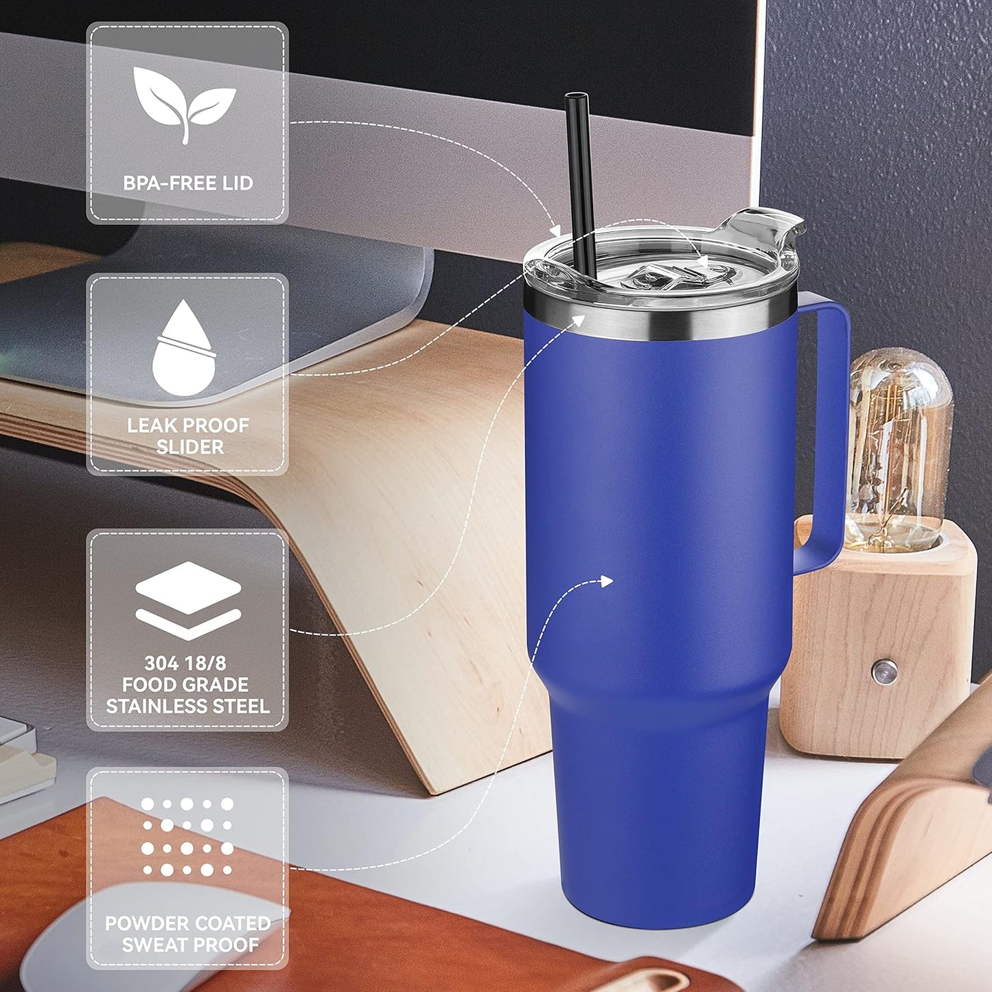 HASLE OUTFITTERS 40 oz Stainless Steel Tumbler with Handle, Vacuum Insulated Tumblers Bulk, Reusable Double Wall Travel Coffee Mug, Durable Powder Coated Water Bottles(Dark Blue, 4)