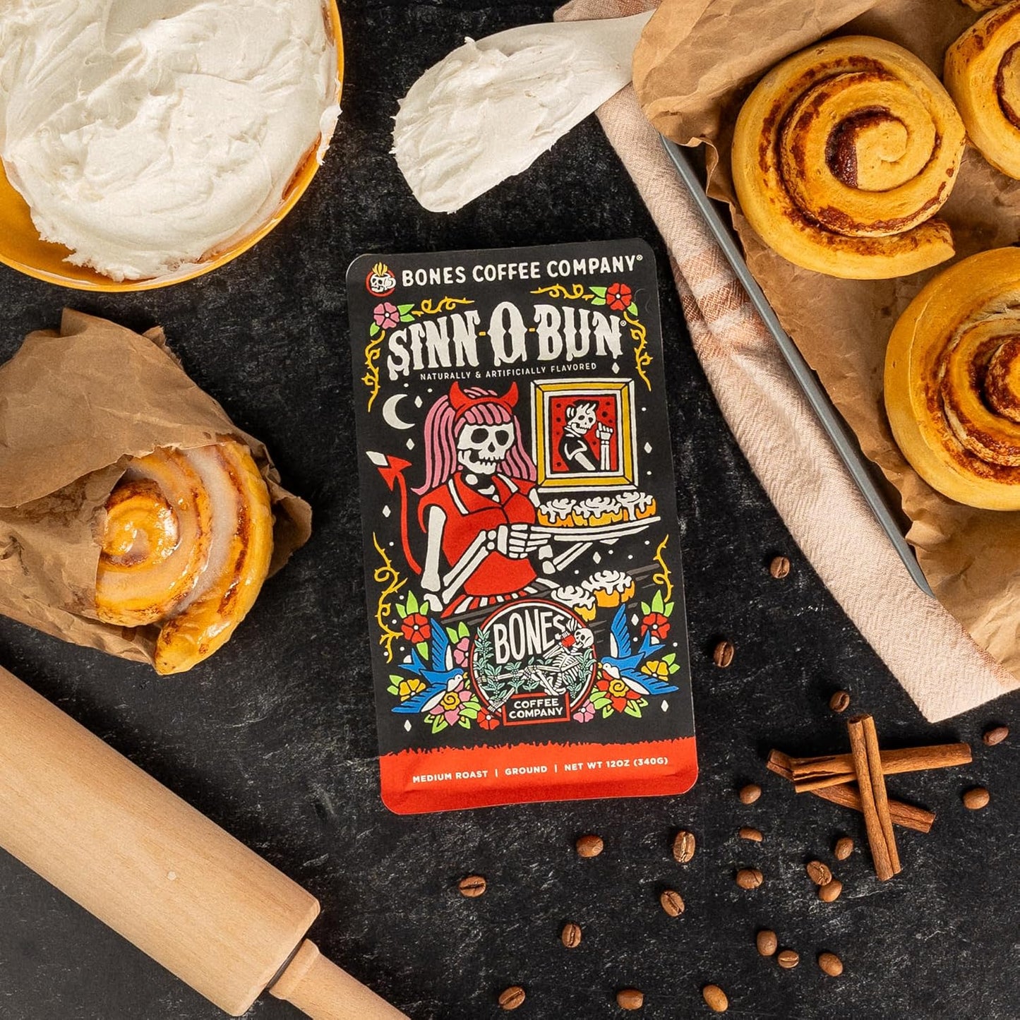 Bones Coffee Company Cinnamon Roll Flavored Coffee, Medium Roast Low Acid Arabica Beans Compatible with Auto drip and French Press Coffee Maker, 12 Oz Ground