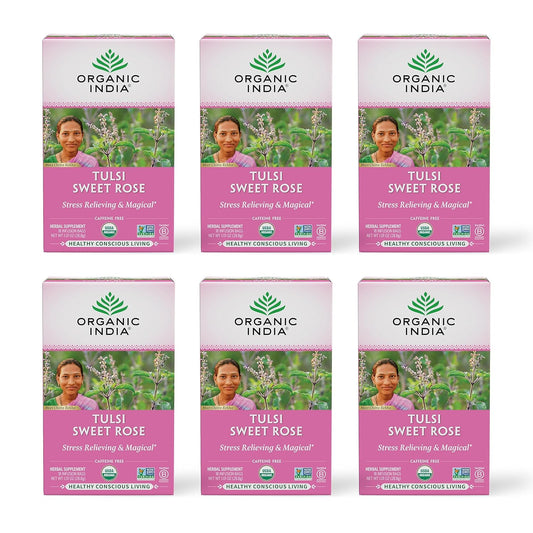 Organic India Tulsi Sweet Rose Herbal Tea - Holy Basil Leaf, African Basil, Chamomilie, Lemon Myrtle, Stress Relieving, Immune Support, USDA Certified Organic, Caffeine-Free - 18 Infusion Bags, 6 Pack