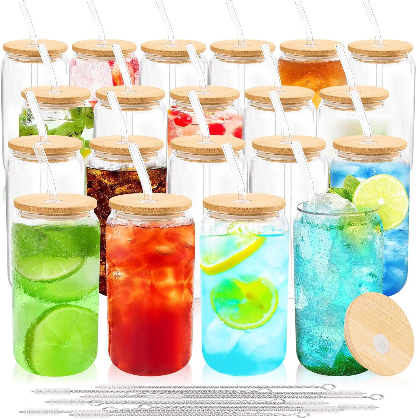 Joyclub Glass Cups with Bamboo Lids and Straws 20 Set 16 oz Reusable Iced Coffee Cup Beer Can Drinking Jars for Smoothie Whiskey Boba Soda Tea Gift