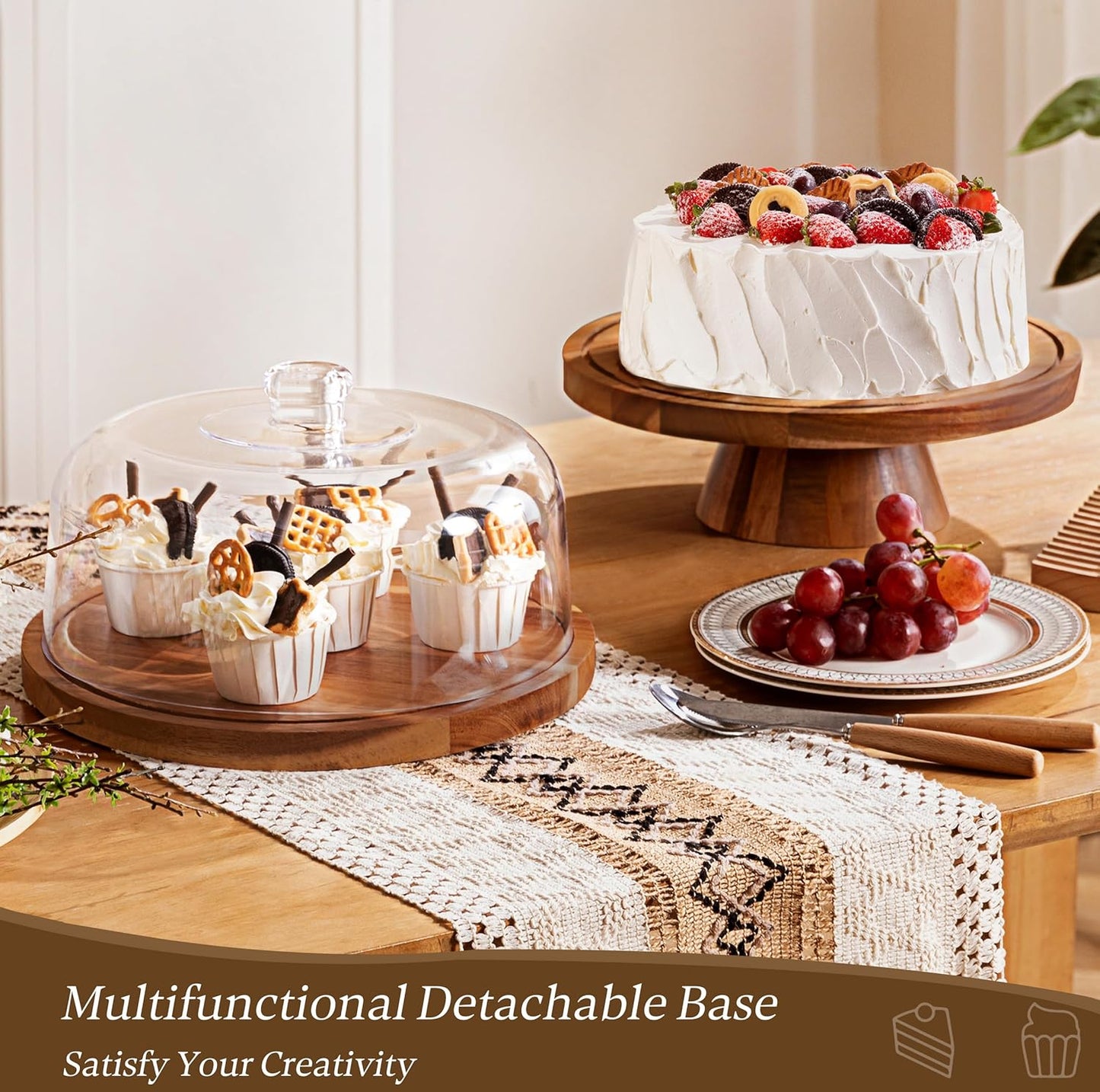 HBlife Cake Stand with Lid (11.4"), Multifunctional Cake Stand with Acrylic Dome, Acacia Wood 6-in-1 Cake Plate Display Stand with Cover for Baking Gifts, Birthday Kitchen Parties, Weddings