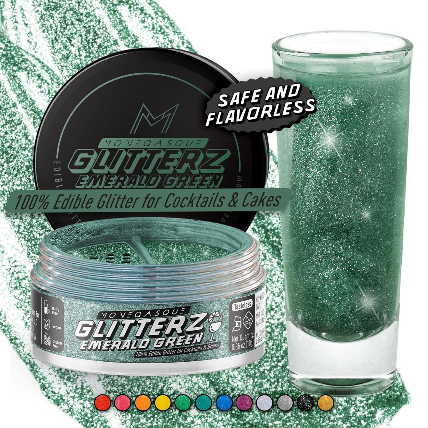 MONÉGASQUE Emerald Green Edible Glitter for Drinks 10g – Green Edible Glitter for Cakes & Cocktails – Halloween Food Coloring Spray for Cake Decorations – Drink Shimmer Powder – Cake Sprinkles