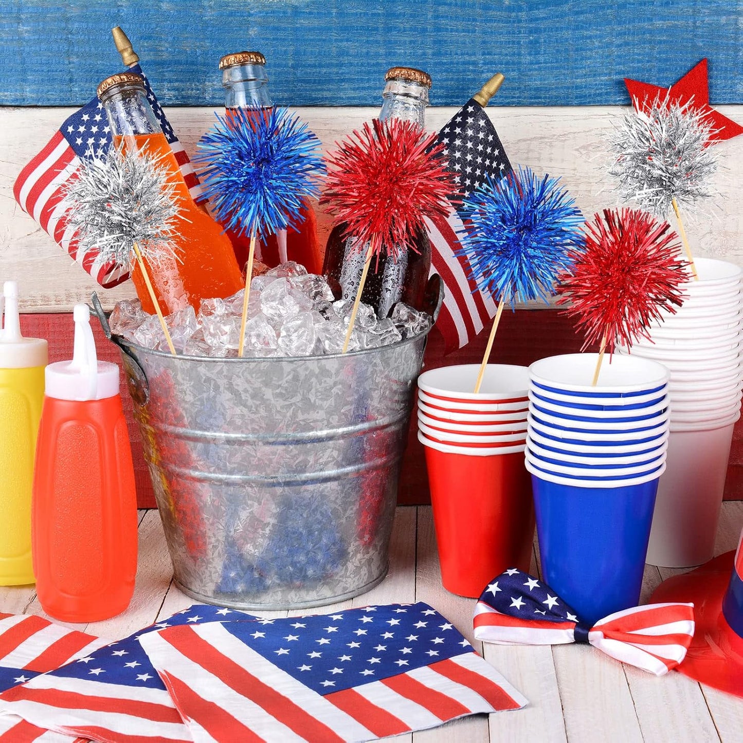 Chinco 100 Pcs Foil Firework Cupcake Toppers Sparkle Tinsel Cake Toppers Cake Decoration Cocktail Fruit Toothpick for Birthday Wedding Graduation Party(Silver, Red, Blue)