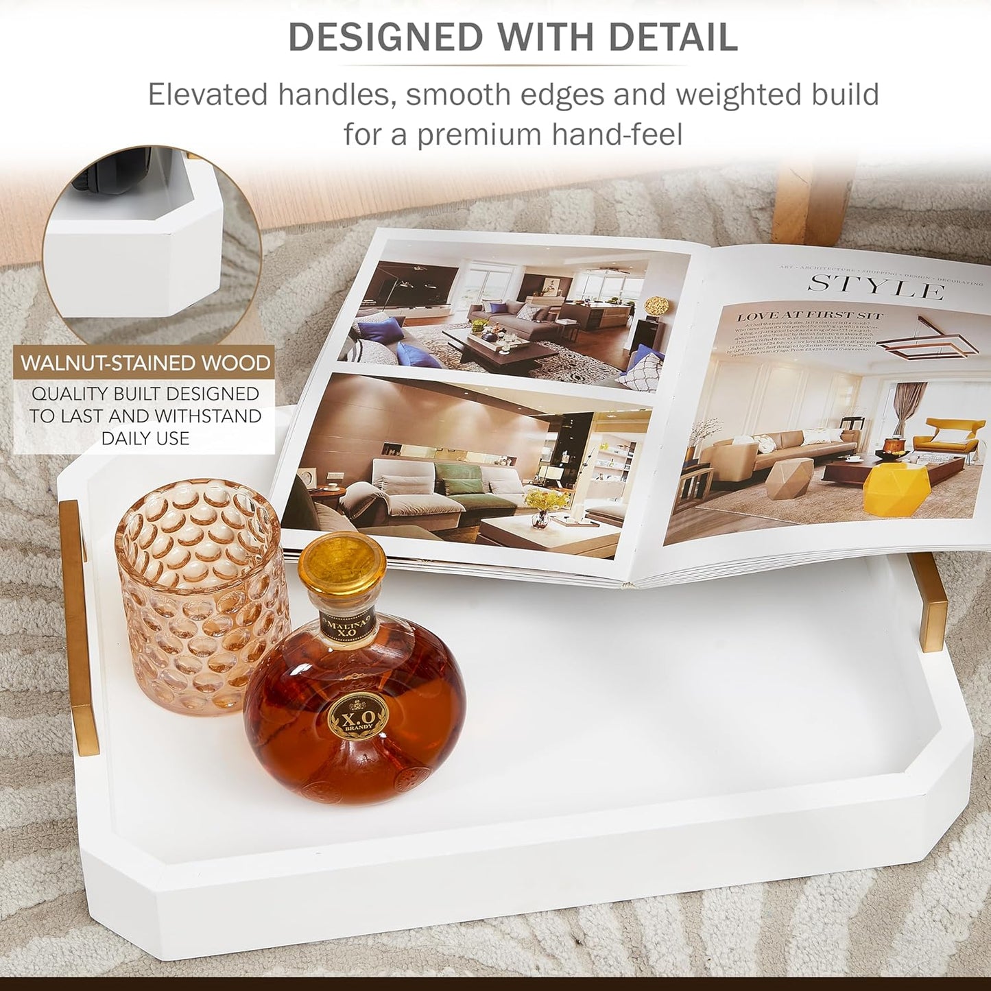 Decorative Acacia Wood Ottoman Tray - Coffee Table Tray - Breakfast, Party, Drinks, Snack, Liquor Serving Platter - Farmhouse to Modern - Brass Handles (Moonlight White)