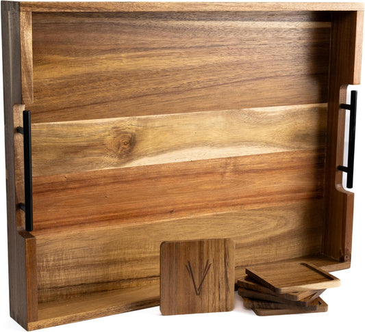 Acacia Wooden Ottoman Tray for Living Room – 21" Large Coffee Table Serving Tray with Handles & 6 Coasters Set, Perfect for Food, Drinks, Kitchen, and Home Decor