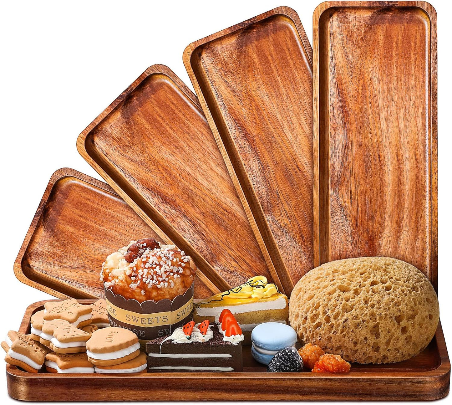 Roowest 5 Pack Solid Acacia Wood Serving Trays for Laser Engraving Rectangular Wooden Board for Food Appetizer Serving Tray Plates for Vegetables Fruit Cheese Housewarming Gifts(14 x 5.5 Inch)