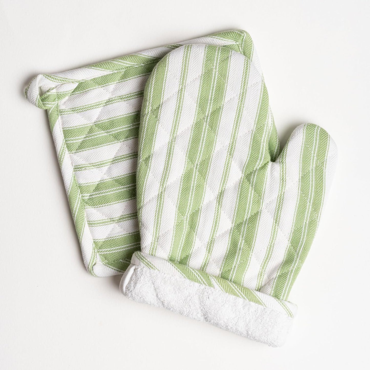 1 Oven Mitt, 1 PotHolder & 1 Kitchen Apron Set - Durable Heat Resistant Gloves - Thick Mittens for Kitchen - Suitable for Cooking, Baking, Grilling – Men & Women – Grass Green Stripes