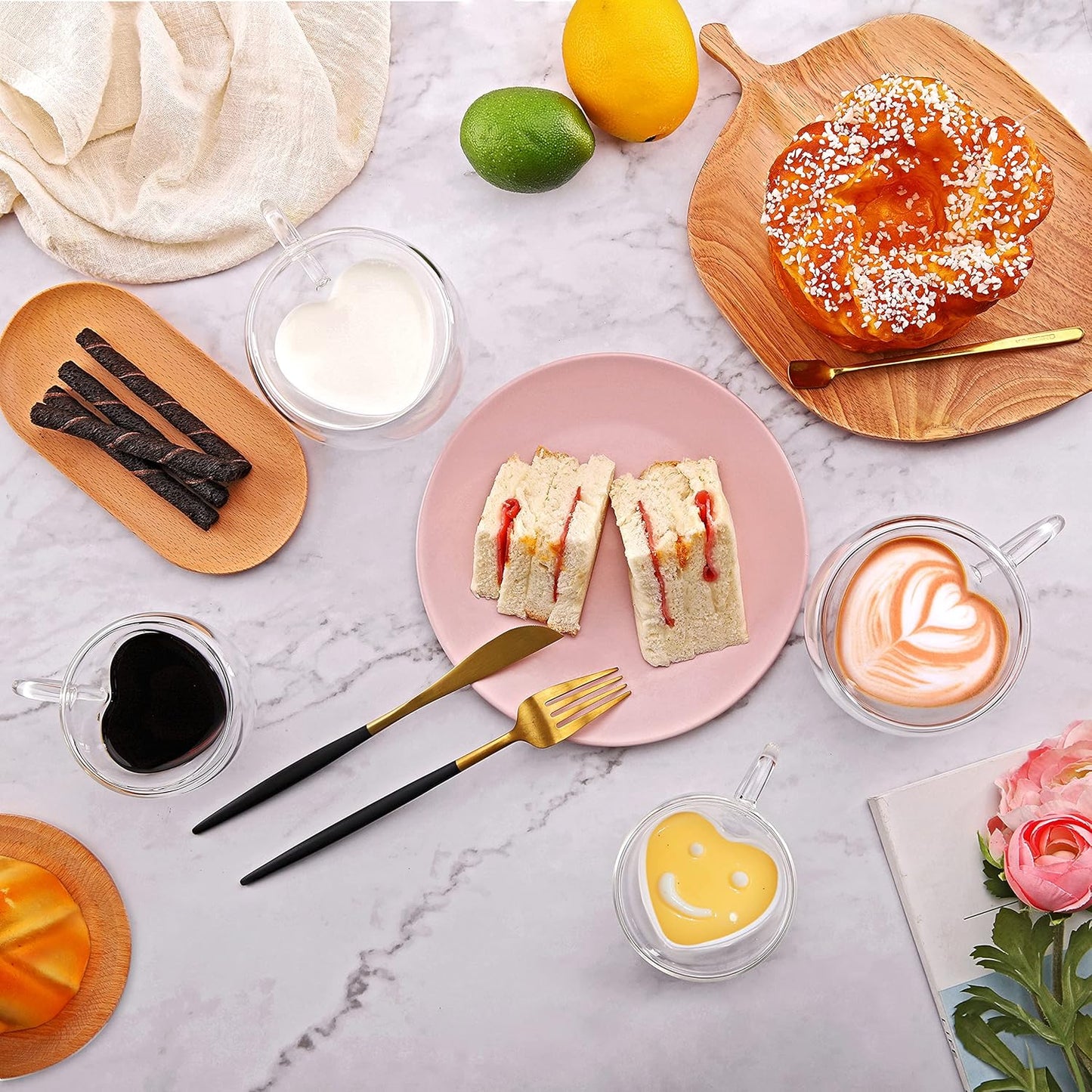 CNGLASS Mothers Day Gifts for Mom,Double Wall Heart Shaped Glass Coffee Mugs 5oz(Set of 2),Insulated Clear Tea Cups with Handle,Unique Glass Espresso Mugs for Coffee,Cappuccino,Latte,Milk