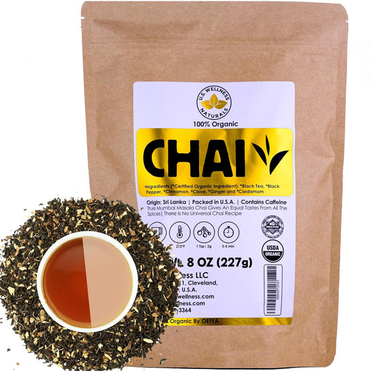 Classic Chai Tea Loose Leaf | CEYLON (110+ Cups) | 100% CERTIFIED ORGANIC Chai Ingredients| Black Tea, Cinnamon, Cardamom, Cloves & Black Pepper | Brews Chai Latte | Ancient Indian House Recipe | 8oz