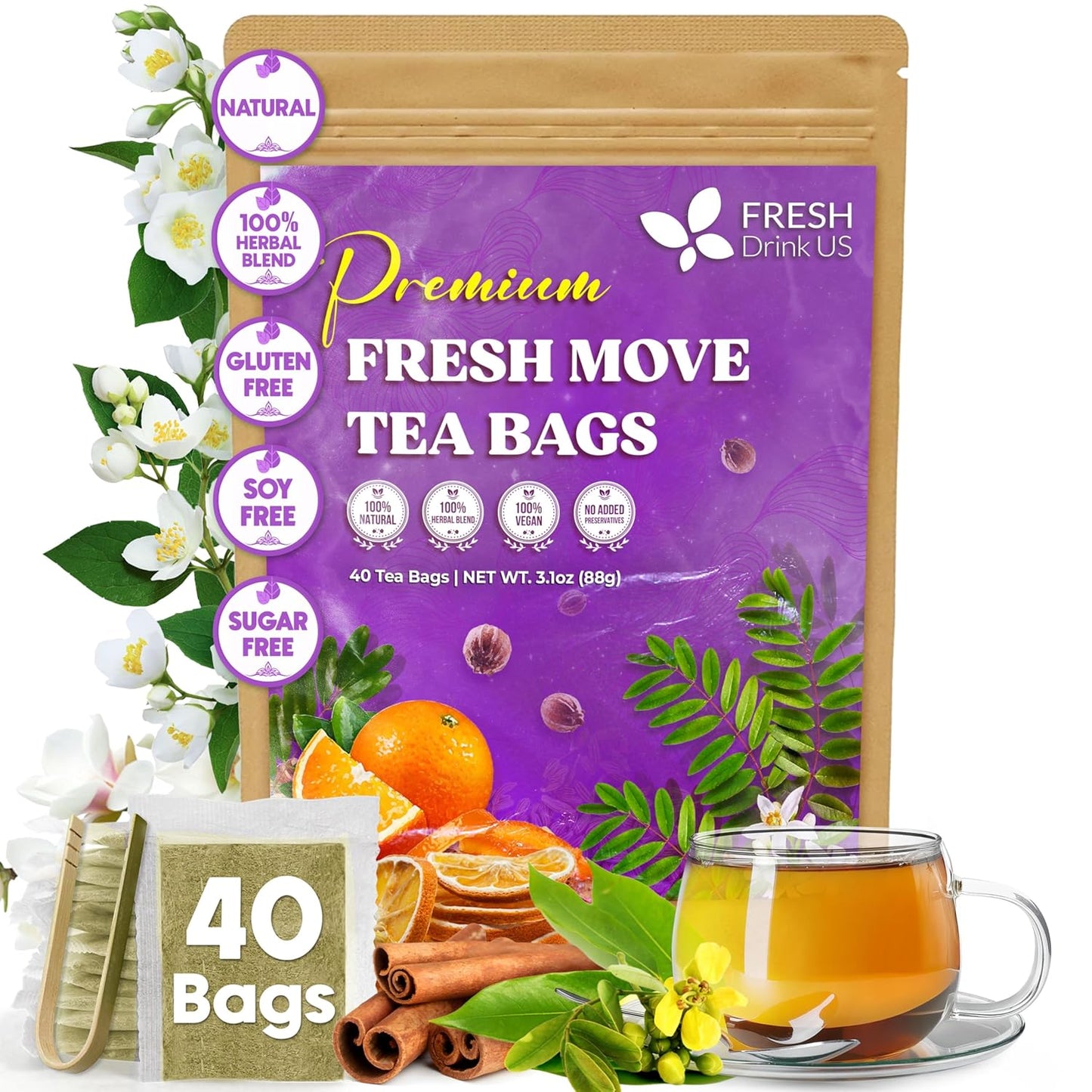 FreshDrinkUS, Fresh Move Tea – 40 Tea Bags - Herbal Tea Blend with Senna Leaves, Cinnamon, Orange Peel, Ginger & More – Caffeine-Free, Natural Ingredients – Smooth Flavor for Everyday Enjoyment